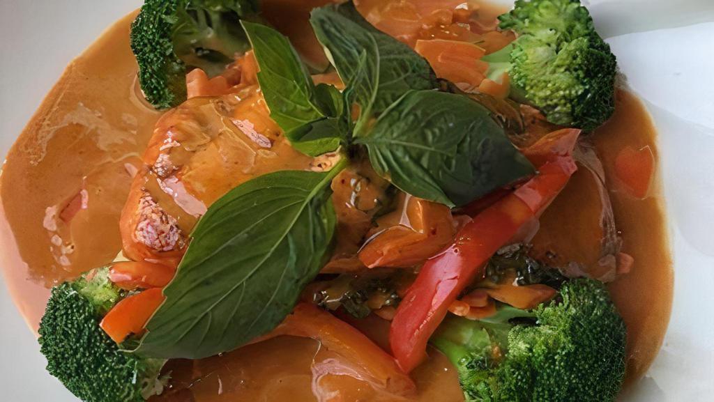 Grilled Salmon Curry · Red curry, broccoli, Thai basil, red bell pepper.
