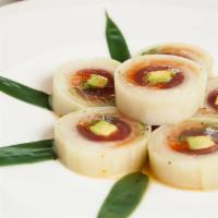 Narudo Roll · Tuna, salmon, white fish, avocado, scallion, tobiko, wrapped in cucumber slices, Served with...