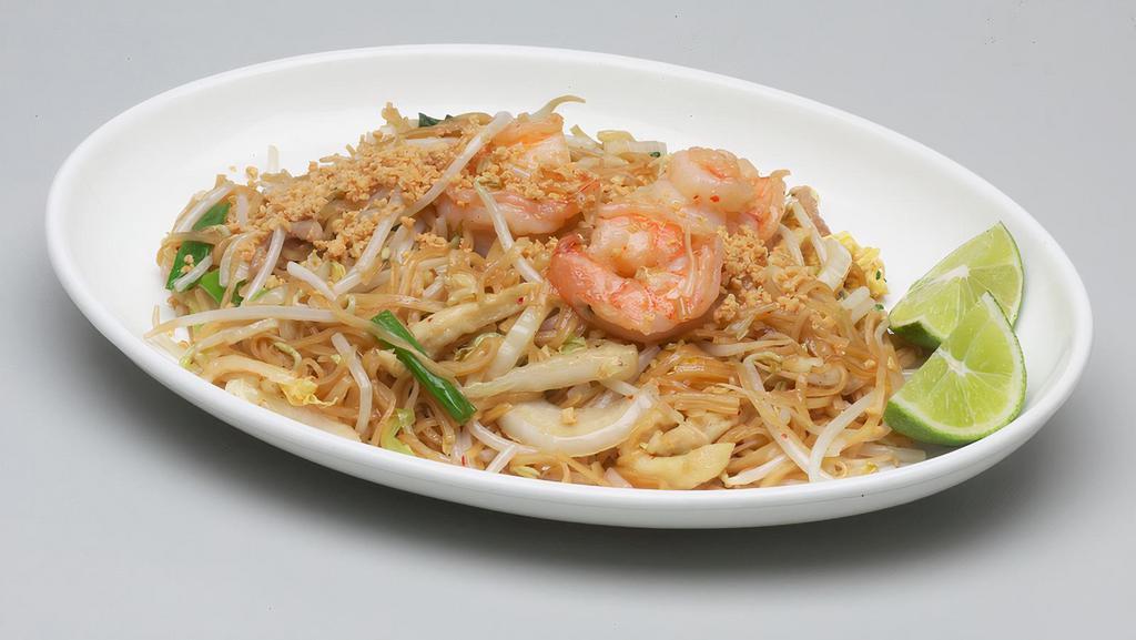 Pad Thai · Hot. With bean sprouts, scallions, cabbage, egg, fresh lime, and ground peanuts.