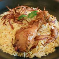 Chicken Dum Biryani · Marinated boneless Chicken cooked with caramelized onions, mint, saffron and basmati rice in...