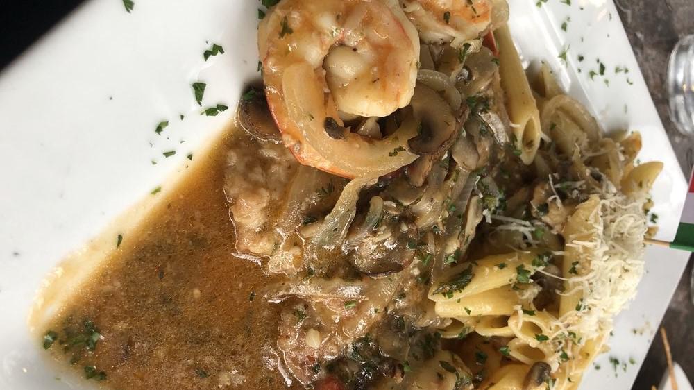 Veal Tuscany · With jumbo shrimp, mushrooms, and onions in a marsala sauce over penne pasta.