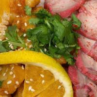 Rice Combo · Orange Chicken and BBQ Pork over Jasmine Rice.