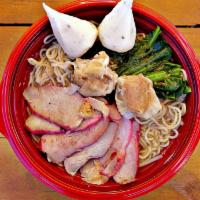 Bbq Pork & Wonton Slurp · Your choice of noodles with BBQ pork, shrimp & pork wontons, fish balls with roe, napa cabba...