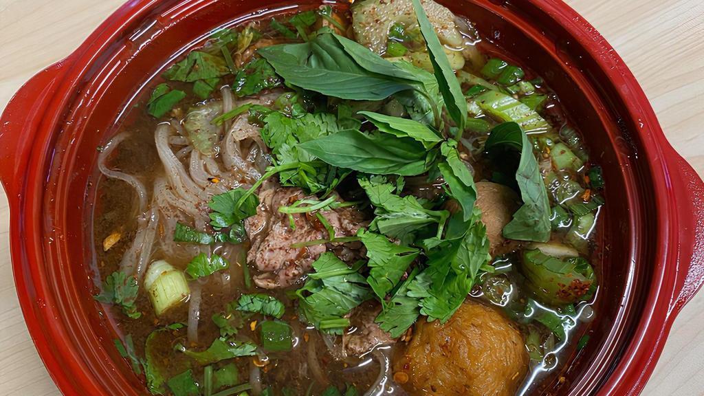 Beef Boat Noodle Slurp · Your choice of noodles, sliced beef, meatballs, Chinese broccoli, and bean sprouts in a beef broth, topped with celery, green onions, cilantro, and fried garlic