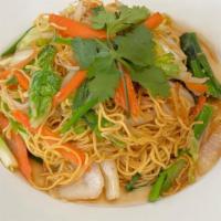 Chow Mein Slurp · Stir-fried noodles with Napa cabbage, white onions, green onions, carrots, bean sprouts, and...