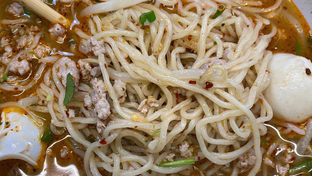 Tom Yum Noodle With Ground Pork · Your choice of noodles (Egg, Vermicelli, Rice, or no noodles) in a Tom Yum soup broth with ground pork, BBQ Pork, Chinese broccoli, bean sprouts, topped with cilantro, green onion, and fried garlic. *Dry option (without soup)