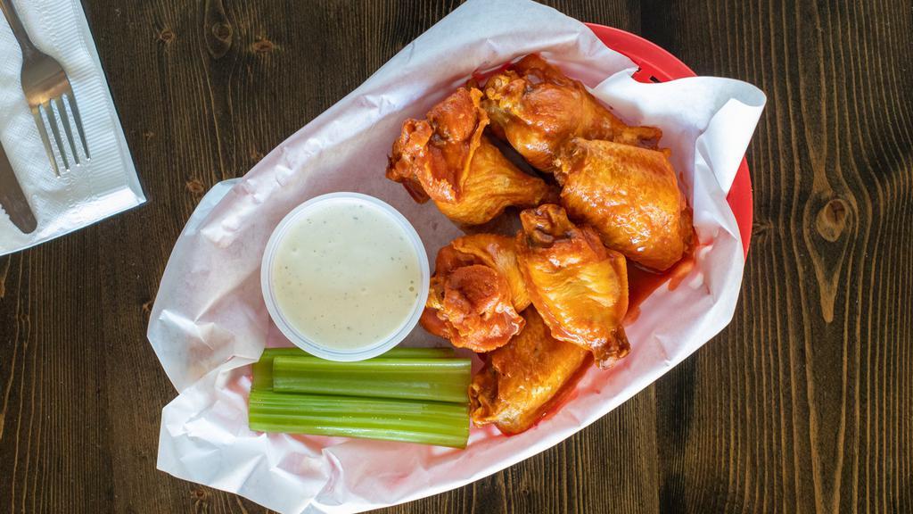 Kangaroo Wings · Wings & drums coated in your choice of special hot wing sauce, honey BBQ, or lemon pepper rub. Served with celery & your choice of ranch or blue cheese.