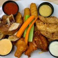 Bar Platter · Buffalo wings, chicken fingers, mozzarella sticks, German soft pretzels & tater tots