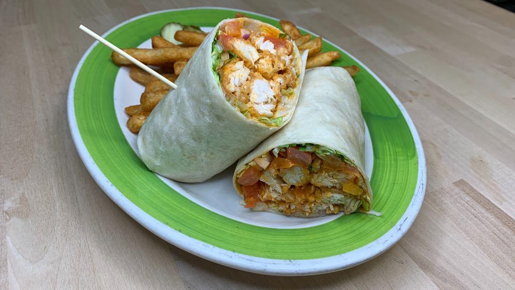 Buffalo Chicken Wrap · Fried chicken, buffalo sauce, lettuce, tomatoes & onions in a wrap; served with a side of bleu cheese.