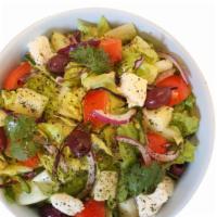 Yummy Salad · Mixed greens with tomato, onions, carrots, cucumber feta cheese, kalamata olives and pomegra...