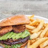 Chopped & Screwed · Beyond Meat Patty, Tomato Jam, Lettuce, Fried Green Tomato, Avocado Served With Fries.