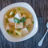Tofu Soup · Thai style clear broth with soft tofu, carrots, onions, scallions, and black pepper. (Vegan)
