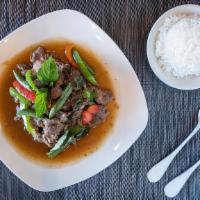 Ka Prow · Sautéed meat with basil, garlic, and bell peppers. Served with jasmine rice. (Spicy 2)