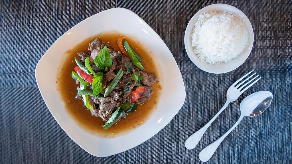Ka Prow · Sautéed meat with basil, garlic, and bell peppers. Served with jasmine rice. (Spicy 2)