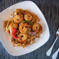 Drunken Noodle · Flat rice noodles, onions, bell peppers, carrots, and Thai basil, stir-fried in spicy chili ...