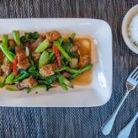 Ka-Na Crispy Pork Belly · Crispy pork belly stir-fried with Chinese broccoli and chili garlic sauce. Served with jasmi...