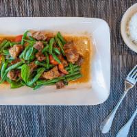 Ka Prow Crispy Pork Belly · Crispy pork belly stir-fried with Thai basil, garlic, and bell peppers. Served with jasmine ...