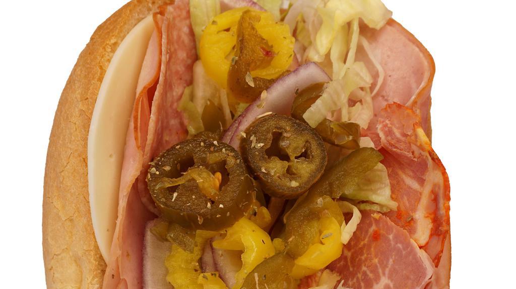 Spicy Siciliano · Capicola, mortadella Genoa salami, spicy pepperoni, and mild provolone with lettuce, tomato, sweet peppers, banana peppers, jalapeño peppers, oregano, and house-made Italian dressing.