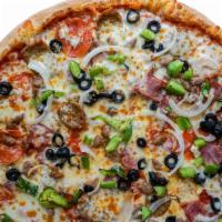 Supreme Italiano · Pizza sauce, mozzarella, pepperoni, ham, sausage, ground beef, onions, mushrooms, green pepp...