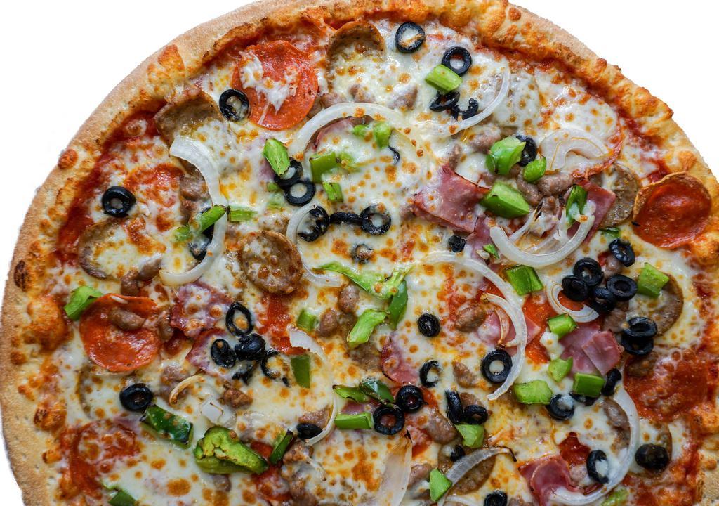 Supreme Italiano · Pizza sauce, mozzarella, pepperoni, ham, sausage, ground beef, onions, mushrooms, green peppers; black olives.