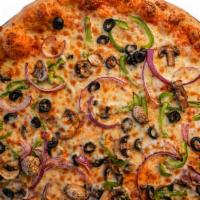 Veggie · Pizza sauce, mozzarella, red onion, fresh mushroom, black olives, green peppers.
