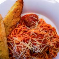 Spaghetti & Meatballs · Spaghetti tossed in marinara with meatballs and parmesan cheese.