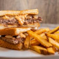 French Onion Patty Melt · Impossible Patty/Caramelized Onions/Smoked Provolone/Thousand Island on Grilled Sourdough wi...
