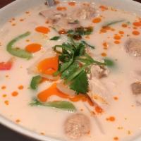 Tom Kha (Coconut Soup) · Coconut milk, mushroom, fresh kaffir lime leaves, lemongrass, galangal, green onion, lime ju...