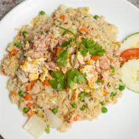 Crab Fried Rice · Stir fried jasmine rice with fresh crab meat, egg, green and white onions, peas, carrots in ...