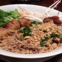 Bún Thịt Nướng Chả Giò Bì · Rice vermicelli with crispy spring rolls, grilled pork and shredded pork.