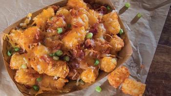 Cheesy Bacon Tater Tots · Melty cheese, bacon bits, and green onions piled high on crispy tater tots