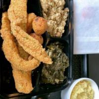 3 Fried Fish Strips  Plate “Catfish” · Comes with 2 sides 2 hush puppies and a drink