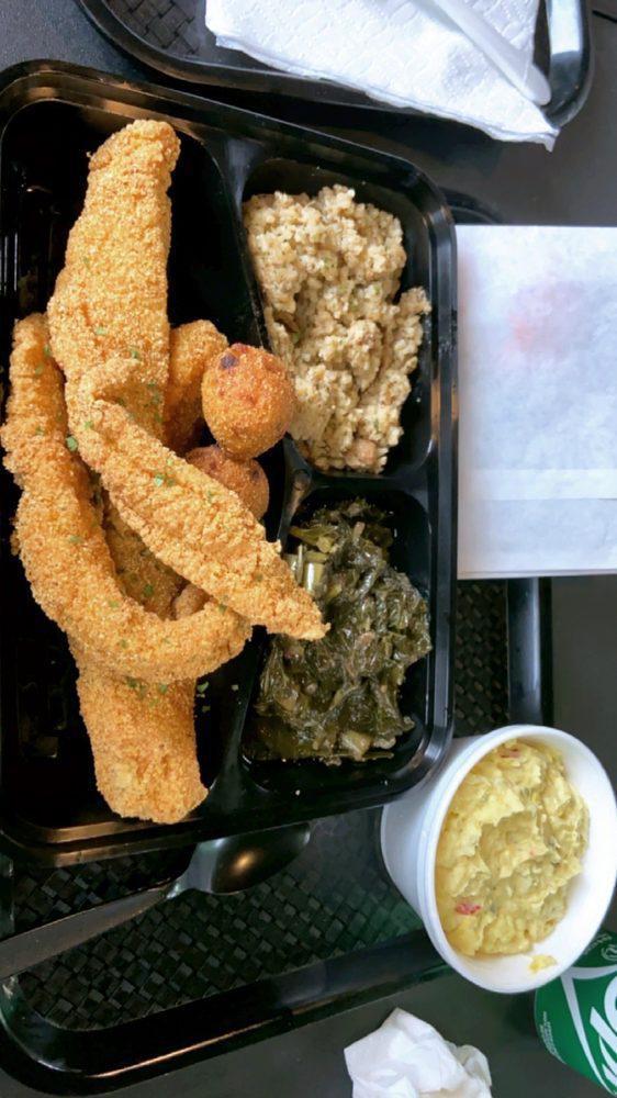 3 Fried Fish Strips  Plate “Catfish” · Comes with 2 sides 2 hush puppies and a drink