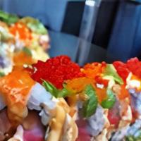 Kamikaze Roll · Spicy salmon, tuna, yellowtail, crunchy inside, 3 kinds of tobiko on the top.