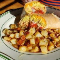 The Logger’S Breakfast Burrito · Bacon, diced green chilies, cheddar cheese, and salsa mixed with eggs and stuffed into a wag...