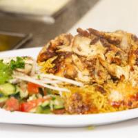 Chicken Shawarma Plate · Chicken shawarma (succulent layers of chicken), rice. Comes with hummus, Arabic salad.