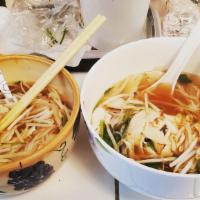 Chicken Pho · Chicken pho has shredded white meat, rice noodles and your choice of vegan or beef broth.