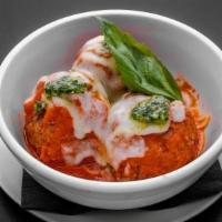 Meatball Tricolore · marinara, mozzarella, basil pesto