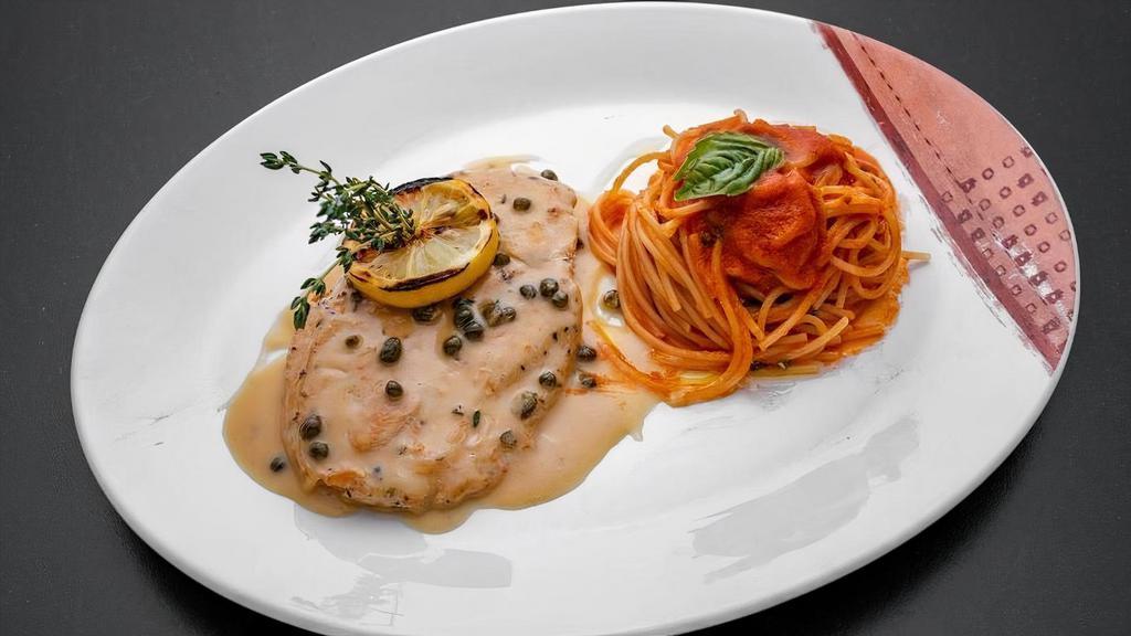 Chicken Piccata With Spaghetti Marinara · mushroom marsala sauce