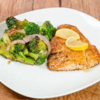 Salmon Fillet · Grilled or blackened salmon fillet, savory and satisfying over a bed of stir-fried vegetable...