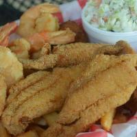 2 Catfish, 3 Shrimp, Fries, Hushpuppies  · Fresh Catfish| Shrimp | Golden Fries | Corn Hushpuppies