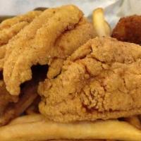 1 Catfish, Fries, Hushpuppies · Fresh fried catfish | golden fries| corn hushpuppies