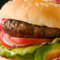 Hamburger, Fries  · beef patty| lettuce| onion| tomatoes| pickles|
mustard| mayo| ketchup| golden fries