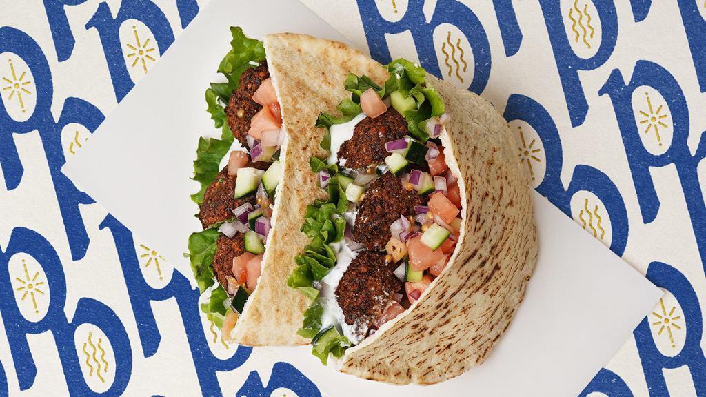 Falafel · Served on pita with tomato, lettuce, onions, pickles, radishes, and tahini sauce.