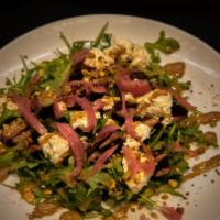 Beet & Goat Cheese Salad · Horseradish Honey Mustard, Baby Arugula, Toasted Pistachio, Pickled Red Onion
