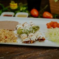 Flautas De Pollo Plate (3) · Shredded chicken wrapped in a deep fried corn tortilla topped with sour cream, guacamole, an...