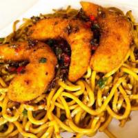 Cha Cha Garlic Noodles · Fresh thick yellow noodles wok tossed with fresh garlic & green onions in a umami butter soy...