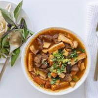 Royal Noodle Soup · “Bun Bo Hue” Rich flavorful lemongrass soup with rice noodle, soy slices, soy chunks, tofu, ...