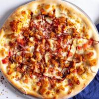 Bruschetta Pizza · Roasted peppers, basil, onions, tomatoes, garlic and fresh mozzarella.