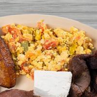 Desayuno Con Carne · Egg, beans, cheese, cream, avocado, plantain, and grilled steak.